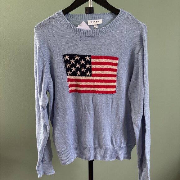 NWT Gilli American Flag Knit Sweater Baby Blue Long Sleeve Patriotic Large FLAW - Picture 2 of 10